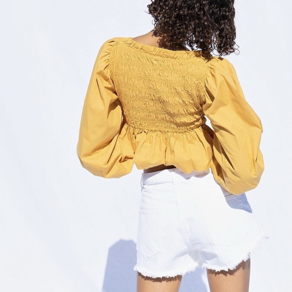 Free People Whoa Yellow Smocked Poplin Off The Shoulder Top size M - Picture 2 of 13